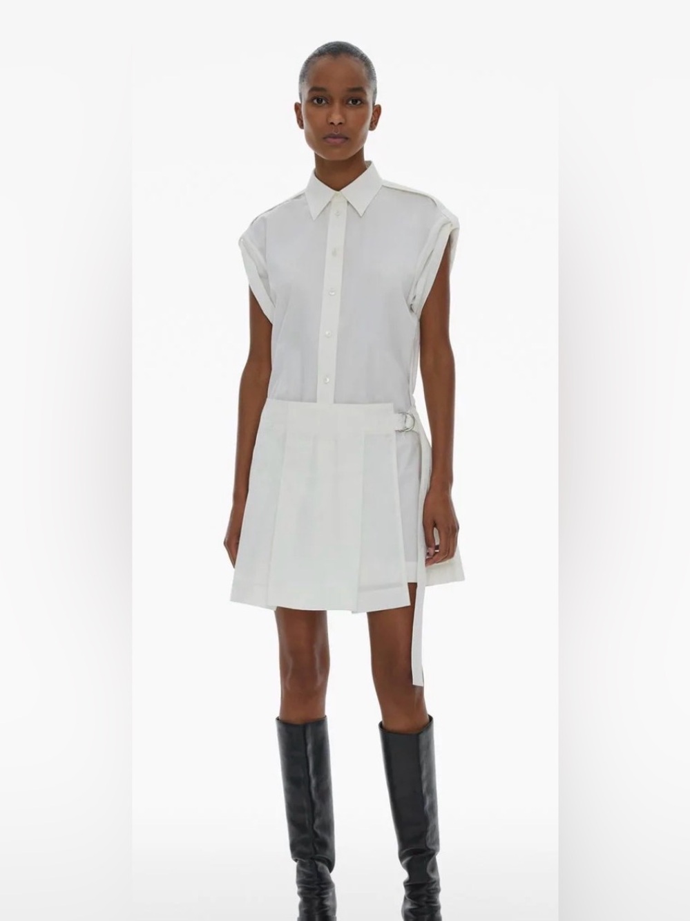 HELMUT LANG Pleated Mini Shirt Dress Women's Size Large White Cotton Casual